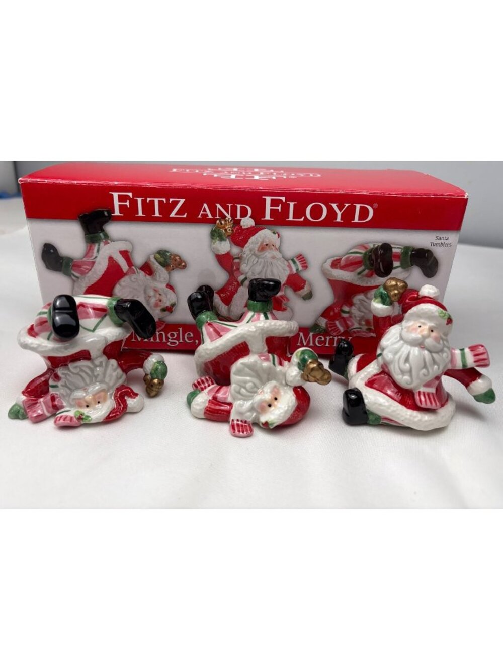 Fitz & Floyd Ceramic Santa Tumblers Set Red White Green Christmas Decor Boxed